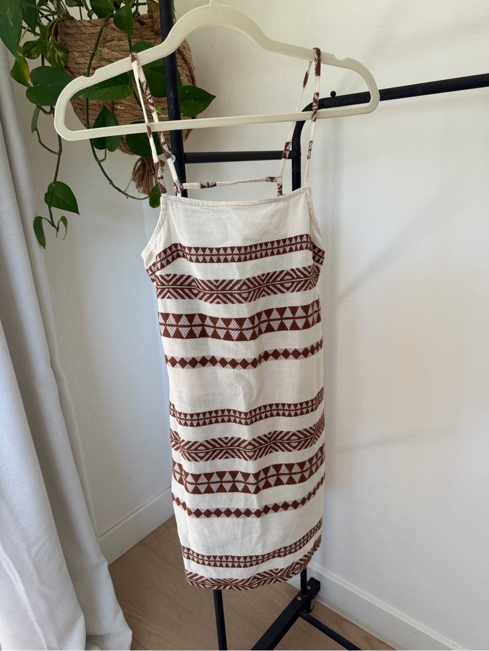 aerie Brown & Cream Geo-Stripe Spaghetti Strap Mini Dress